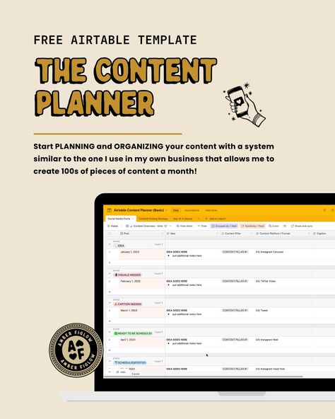 Grab my FREE Airtable Content Planner Template so that you can organize your content creation process, workflow, and batching. This template will help you get your content creation seamlessly organized so you can save time marketing your small business online. Airtable Template, Content Planner Template, Small Business Online, Content Planner, My Own Business, Content Planning, Planning And Organizing, Todo List, Can Organizer