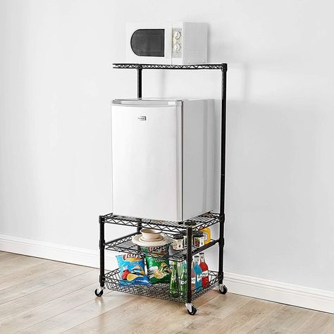 If you live in a college dorm room or small apartment, or even a home that's short on space then you know how important it is to maximize your storage. With the Suprima Portable Mini Fridge Organizer from DormCo you have more room for keeping your favorite snacks, dishes and utensils, microwave, and most importantly your compact mini fridge. This shelving unit has a metal basket, a sliding shelf that allows easy access to your items, a durable shelf to hold your mini fridge, and a cantilever she Mini Fridge Stand, College Furniture, Dorm Fridge, Mini Organizer, Small Dorm Room, Portable Mini Fridge, Small Dorm, Dorm Supplies, Fridge Organizer