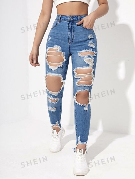 Free Returns ✓ Free Shipping✓. SHEIN Essnce High Waisted Ripped Raw Hem Cutout Skinny Jeans Ripped Jeans- Women Jeans at SHEIN. Ripped Jeans Style, Ripped Jeans Women, Jeans Models, Jeans Ripped, Jeans Women, Birthday Outfit, Ripped Jeans, Jeans Style, Women Jeans