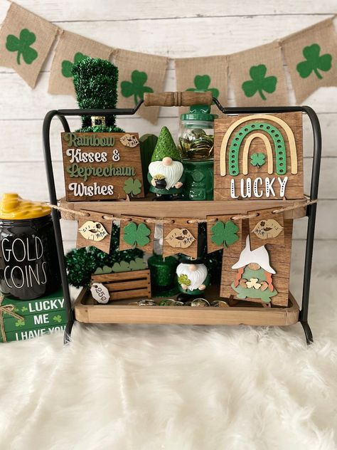 Saint Patrick's Day Tier Tray Decor St Patrick's Day - Etsy St Patrick Tiered Tray Decor, March Decorating Ideas, Decorations For Shelves, March Decorations, Hobby Lobby Shelves, March Decor, Diy Tray Decor, St Patricks Decorations, Green Farmhouse