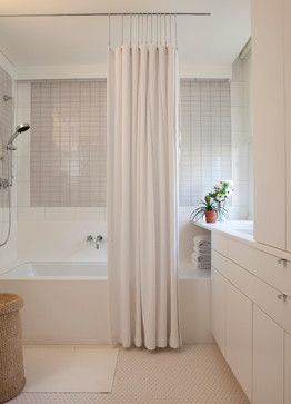 Floor to ceiling shower curtain using a ceiling ... | Super Bathrooms Tub Shower Curtain, Shower Curtain Track, Farmhouse Shower, Tile Remodel, Bad Inspiration, Bathroom Shower Tile, Tub Shower, Shower Curtain Rods, Modern Shower