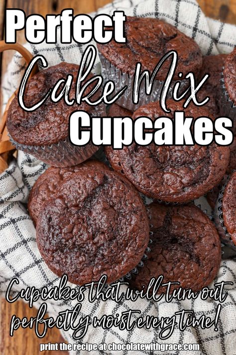 Best Cupcakes from Cake Mix Cake Mix Chocolate Cupcakes, Chocolate Cupcake Recipe Box Cake Mixes, Best Cupcakes From A Box Cake Mixes, Brownie Cupcakes From Mix Boxes, Recipe Using Chocolate Cake Mix, Chocolate Box Cake, Sour Cream Muffins, Moist Chocolate Cupcakes, Cake Mix Muffins