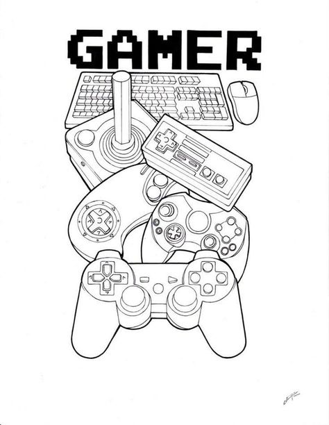 Gaming Drawing, Video Game Drawings, Gamer Tattoos, Rose Outline, American Graffiti, Gaming Tattoo, Outline Designs, White Drawing, Game Controllers