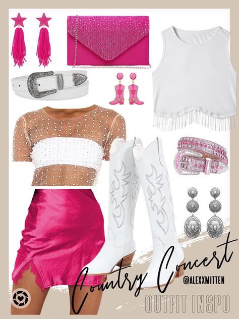 Country Concert Outfit With Pink Boots, Hot Pink Nashville Outfit, Shania Twain Outfits Concert, Shaina Twain Concert Outfit, Nashville Pink Outfits, Pink Country Concert Outfit, What To Wear To A Pink Concert, Amazon Concert Outfit, Pink Nashville Outfit