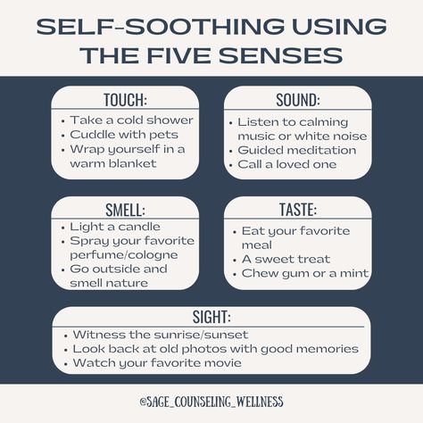 Using our 5 senses to self-soothe proves to be an effective way to regulate our nervous system. It activates our parasympathetic nervous system 🌸Do any of these work for you?

#therapytools #copingmechanisms #copingskills #copingtools #nervoussystemregulation #nervoussystemhealing #nervoussystemhealth #nervoussystemsoothing #nervoussystemrepair #emotions #feelyourfeelings #feeling #feelinglow #feelingdown #selfregulate #atltherapist Glow Up Workout, Self Soothing, The 5 Senses, Premarital Counseling, Grounding Techniques, Parasympathetic Nervous System, Highly Sensitive People, 5 Senses, Sensitive People