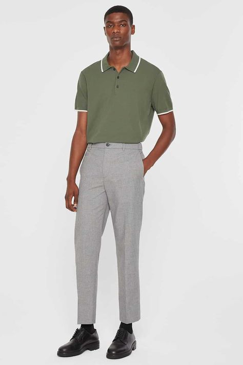 Grey And Green Outfit Men, Polo Tucked In Men, Grey Trousers Outfit Men Casual, Derby Shoes Outfit, Grey Pants Black Shoes, Green Shirt Outfit, Grey Chinos Men, Green Shirt Outfits, Polo Shirt Outfit Men