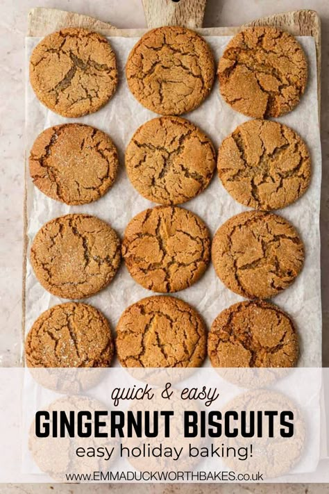 You'll love how quick and easy it is to make Gingernut Biscuits! They snap like classic ginger snap cookies, but with a chewy center. So full of ginger flavor, you'll love making these this holiday season. Christmas Sweets Easy, Ginger Nut Biscuits, Healthy Oatmeal Cookies, Ginger Biscuits, Ginger Nut, Biscuits Easy, Buttery Biscuits, Ginger Spice, Ginger Snap