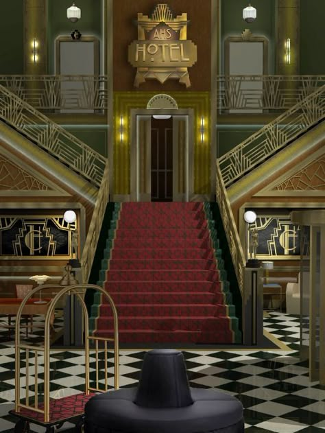 Art Deco Stairs, Hotel Cortez, Hotel Foyer, American Horror Story Hotel, Ahs Hotel, Art Deco Hotel, Art Deco Interior Design, Haunted Hotel, Grand Budapest Hotel