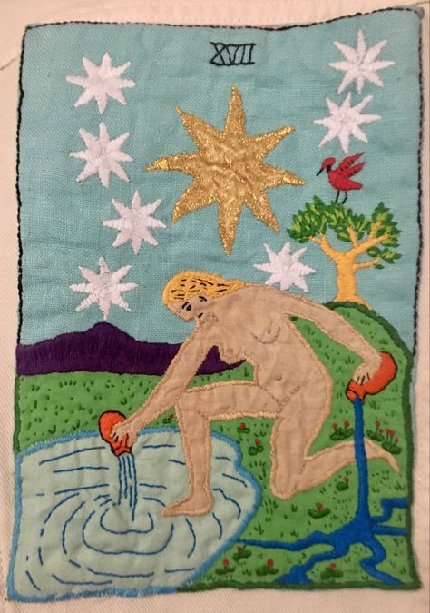 Handmade back patch of the star, from the Rider–Waite tarot deck. Patch Drawing, Sewn Tapestry, Maximalist Embroidery, Tarot Quilt, Embroidery Tarot Cards, Space Textiles Art, Embroidery Tarot, Painted Patches, Astrology Textiles