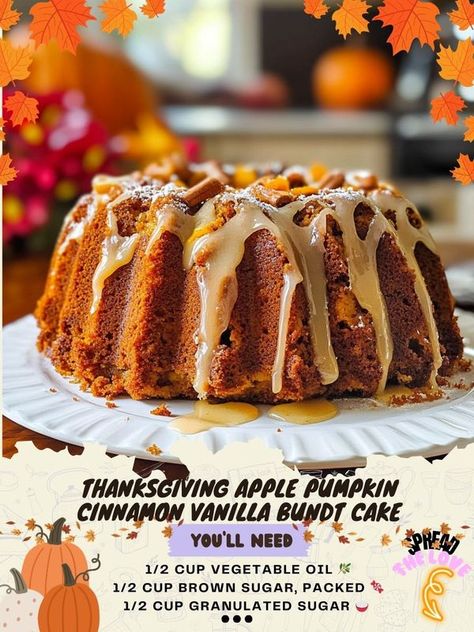 Nouna's Kitchen | Thanksgiving Apple Pumpkin Cinnamon Vanilla Bundt Cake | Facebook Vanilla Bundt Cake, Apple Pumpkin, Pumpkin Desserts, Oat Bars, Fall Is In The Air, Pumpkin Apple, Unsweetened Applesauce, Cinnamon Vanilla, Pumpkin Dessert