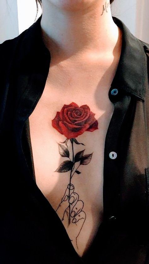 Tattoos Between Breast, Rose Chest Tattoo, Female Tattoo Ideas, Behind Ear Tattoos, Gem Tattoo, Rose Tattoos For Women, Scar Tattoo, Anklet Tattoos, Chest Tattoos For Women