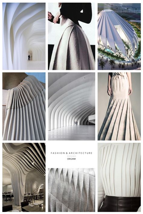 Quand l'architecture s'inspire de la mode et vice versa ... #origami #pliage #moodboard #inspiration #fashion #architecture Architectural Fashion Inspiration, Moodboard For Fashion Design, Geometric Mood Board, Fashion Architecture Inspiration, Architecture In Fashion, Moodboard Fashion Design Inspiration, Inspiration Board Fashion, Architectural Fashion Design, Architecture Fashion Inspiration