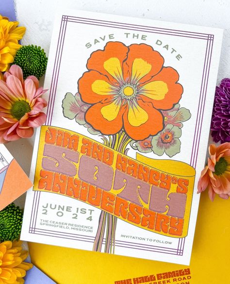 When Rachel @savoirfeteevents reached out to me with her vision for Jim + Nancy's 50th Anniversary celebration, I couldn't have been more excited to dig into the research. As two self-described "doctor hippies," the couple wanted wanted the invites to pull inspiration from late 60's early 70's rock and psychedelia posters (needless to say, sourcing images for their mood board was a blast)!⁠ ⁠ The end result was a save the date and invitation suite full of bright colors, wild fonts and so much... 70s Save The Date, Grooms Outfits, Bush Wedding, 50th Anniversary Celebration, Groom Outfit, Anniversary Celebration, Invitation Suite, Backyard Wedding, 50th Anniversary