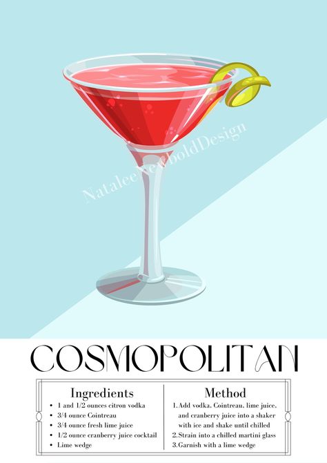 Cute and trendy Cosmopolitan poster you can download and print! Perfect decoration for living room, kitchen, bedroom, or bar area! (Once purchased, digital print will not have a watermark and will be higher quality) Cosmopolitan Drink Poster, Cosmopolitan Illustration, Cosmopolitan Poster, Cosmopolitan Drink Recipe, Mock Cocktails, Cosmopolitan Drink, Cosmopolitan Recipe, Bartender Drinks Recipes, Recipe Poster