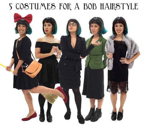 5 Costumes For A Bob Hairstyle – Let's Get Thrifty Costumes With Short Black Hair, Black Bob Costume Ideas, Bob Hair Halloween Costume, Brown Bob Halloween Costume, Black Bob Halloween Costumes, Halloween Costumes Short Black Hair, Short Black Hair Costume Ideas, Short Brown Hair Costume Ideas, Short Hair Costume Ideas Halloween