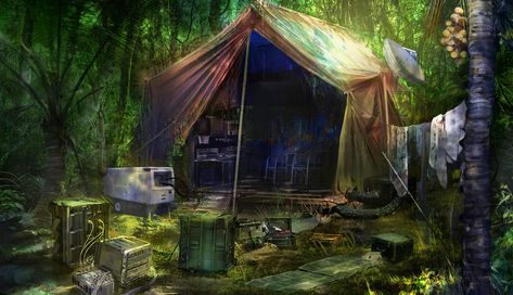 Another cool tent. Expedition Headquarters? Jungle Tent, Old Explorer, Jungle Expedition, Survival Tent, Fallout Rpg, Writing Aesthetic, Stone Temple, Jungle Cruise, Maze Game