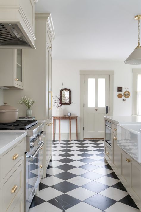 Checkerboard Floor Kitchen, Checkered Floor Kitchen, Baker Kitchen, New Old House, 1920s Kitchen, Beige Cabinets, White Kitchen Tiles, Mt Baker, Cabinets And Countertops