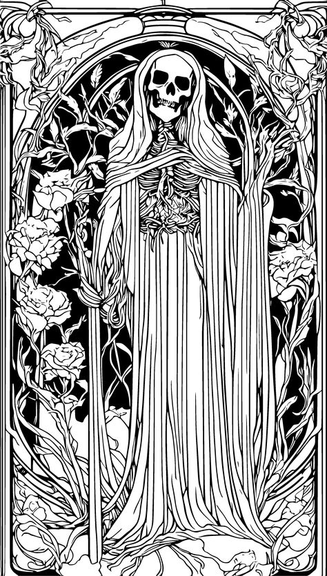 Free sample adult coloring book page. Personal use only. #adultcoloring #adultcoloringbook #coloring #adultcoloringbooks #colouring #color #adultcoloringpage #coloringforadults #coloringbooks #coloringpage #aiart #ad #tarotart #halloween #tarot #wiccan Tarot Coloring Pages, Halloween Adult Coloring Pages, Halloween Colouring Pages, Halloween Tarot, Adult Coloring Book Pages, Tarot Art, Halloween Coloring Pages, Major Arcana, Halloween Coloring