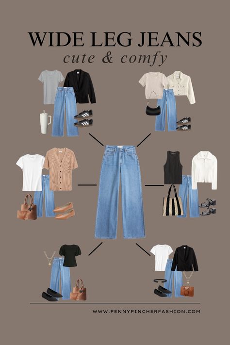 Boyish Jeans Outfit, Outfit With Wide Jeans, Very Wide Leg Jeans Outfit, How To Style Different Jeans, Outfit Idea With Jeans, One Jeans Many Outfits, How To Style A Wide Leg Jeans, Elevated Casual Style, Blue Wide Jeans Outfit