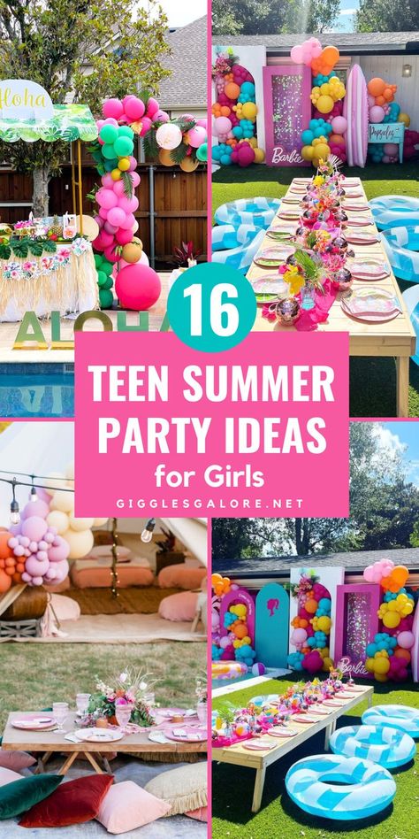 Pool Party with Balloons. With Text Reading: 16 Fun Teen Party Ideas. Teen Summer Birthday Ideas, Fun Summer Birthday Party Ideas, Pool Party Teen Ideas, Backyard Party Ideas For Teens, Pool Party Themes For Teens, Pool Party Sleepover Ideas, Backyard Beach Party Ideas, Cute Teen Birthday Ideas Themes, Summer Kick Off Party Ideas For Kids