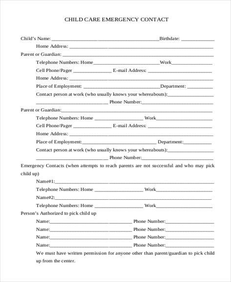 FREE 12+ Sample Emergency Contact Forms in PDF | MS Word | Excel Free Emergency Contact Printable, Daycare Information Sheet, Emergency Contact Form Free Printable, Daycare Emergency Contact Form, Daycare Forms Printable Free, Babysitter Information Sheet, Creche Ideas, Home Daycare Forms, Daycare Printables