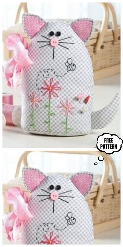 DIY Kitty Cat Pincushion Free Sewing Patterns & Tutorials Embroidery Designs By Hand, Small Crafts, Pin Cushions Patterns, Sew Projects, Sweet Kitty, Sewing Pillows, Quilt Guild, Sewing Class, Pin Cushion