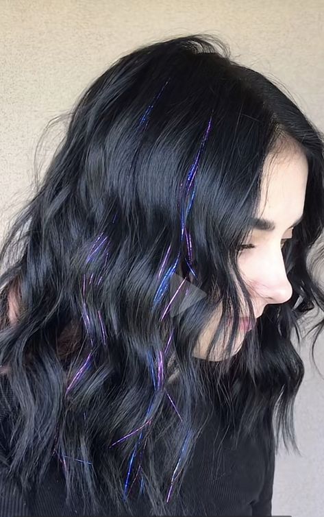 Fairy Hair Extensions, Long Black Hair With Tinsel, Stencil Hair Extensions, Tinsel With Black Hair, Fairy Hair Tinsel Black Hair, Black Hair And Tinsel, Blue Tinsel In Black Hair, Tinsel Hair Dark Hair, Black Hair With Blue Tinsel