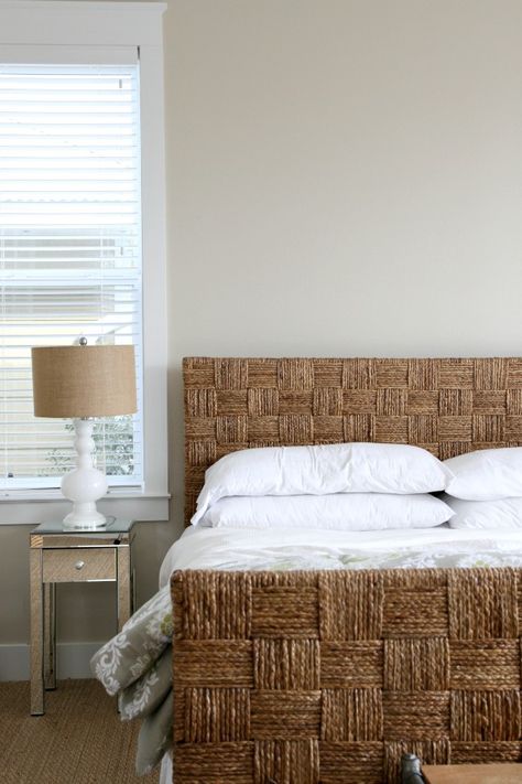 Basket-weave rope headboard Rope Headboard Diy, Rope Bed Frame, Diy Rope Headboard, Rope Headboard, House Tweaking, Seaside Home Decor, Beach House Bedroom, Interior Design Advice, Beach House Design