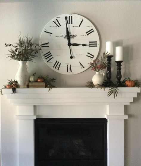 Mantel With Clock Decorating Ideas, Clock Over Mantle Fireplaces, Mantel Decor With Clock, Fireplace Mantle Decor With Clock, Mantle With Clock, Mantel Decorating Ideas With Clock, Clock On Mantle, Big Clock Wall Decor, Clock Fireplace Decor