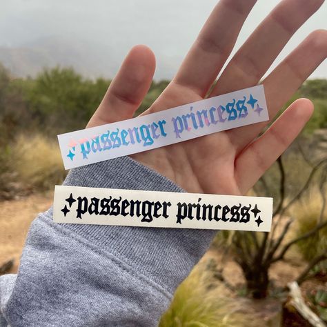 Passenger Princess Vinyl Decal | Car Window Rearview Mirror Bumper Sticker Laptop | Holographic Y2K Aesthetic Accessory Stars Old English -  #accessory #Aesthetic #Bumper #Car #Decal #English #Holographic #Laptop #Mirror #Passenger #Princess #Rearview #Stars #sticker #Vinyl #Window #y2k Passenger Mirror Sticker, Taylor Swift License Plate Frame, Rearview Mirror Decal, Passenger Princess Decor, Car Stickers Aesthetic, Passenger Princess Sticker, Car Mirror Sticker, Car Sticker Ideas, Cool Car Stickers