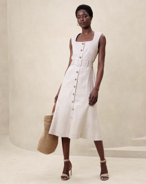 Habitually Chic® » Summer Destination Dressing Button Midi Dress, Chic Romper, Feminine Casual, Destination Dress, White Linen Dresses, Essential Dress, Banana Republic Factory, Fabric Belt, Banana Republic Dress