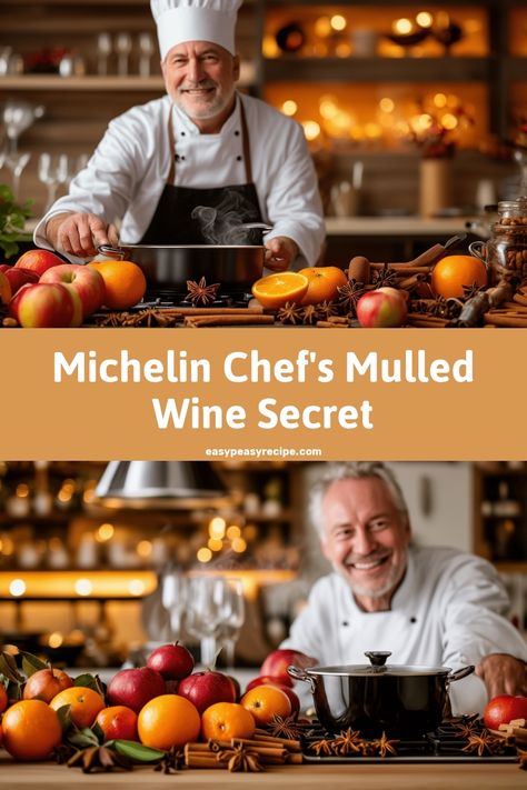 A smiling chef in a kitchen surrounded by ingredients like oranges, apples, and spices, preparing mulled wine. Mulled Wine For One, Mulled Wine Aesthetic, Red Wine Recipes, Christmas Mulled Wine, Wine Ingredients, Red Wine Recipe, Michelin Chef, Women In Their 30s, Mulled Wine Recipe