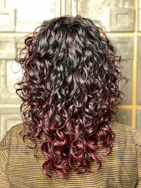 Curly Brown Hair With Pink Highlights, Curly Hair Color Ideas Highlights Caramel Curls Dark Brown, Pink Curly Hair Highlights, Pink Highlights In Brown Hair Curls, Pink Highlights In Brown Curly Hair, Black Cherry Hair Color Curly Hair, Curly Red Highlights, Red Highlights In Black Hair, Curly Hair With Pink Highlights