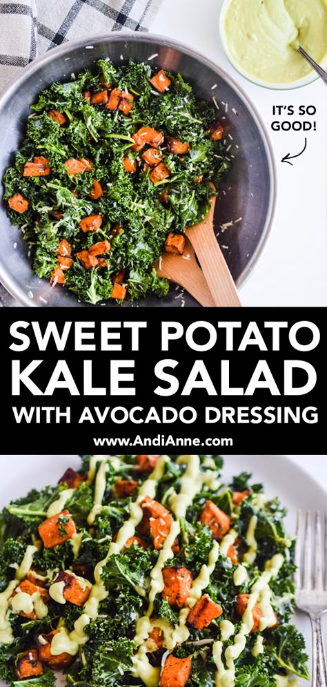 Kale Bowls, Roasted Garlic Dressing, Roasted Beets And Carrots, Salad Kale, Avocado Salad Dressing, Garlic Dressing, Sweet Potato Kale, Kale Salad Recipes, Avocado Dressing