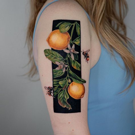 Lemons and bees for the lovely Katrina! • This is one of my premade designs but I love tattooing all kinds of fruits/ insects!… | Instagram Filligree Tattoos, Fruit Tattoo Ideas, Lemon Plant, Fruit Tattoo, Henna Inspired Tattoos, Insect Tattoo, Plant Tattoo, Kinds Of Fruits, R Tattoo