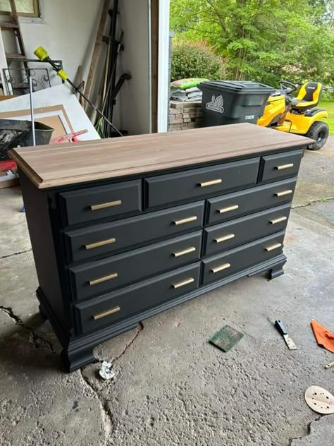 Revamp Bedroom Furniture, Black And Stained Dresser, Black Dresser Wood Top, Painting Bedroom Furniture Black, Wood Dressers Makeover, Corner Desk Ideas, Master Dresser, Refinishing Furniture Ideas, Great Room Remodel