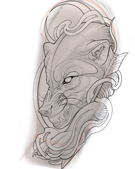 Neotraditional German Shepherd Tattoo, Neotraditional Wolf Tattoo Design, Wolf Neo Traditional Tattoo, Bear Japanese Tattoo, Neo Trad Animals, Animal Skulls Tattoo, Neo Traditional Wolf Tattoo Design, Dog Tattoo Drawing, Neo Trad Wolf