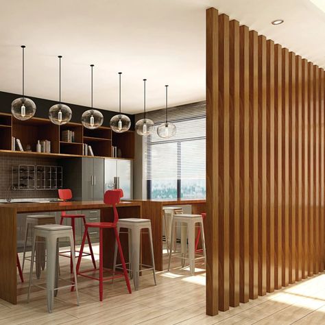 Timber Partition, Condo Remodel Ideas, Wooden Panel Design, Mid Century Room Divider, Office Design Inspo, Steelcase Office, Mid Century Room, New House Decorating Ideas, Panel Divider