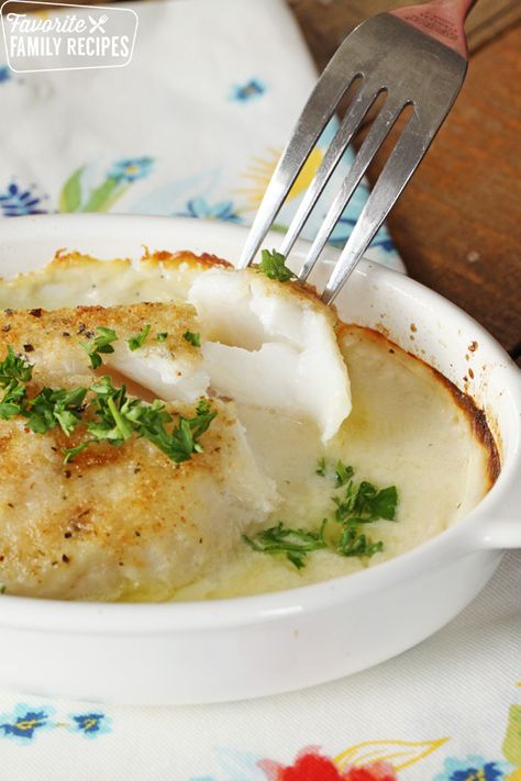 This baked cod is hands-down my favorite fish dish. It turns out perfectly flaky every time. The flavorful, creamy sauce puts it over the top! #cod #bakedcod #fish #bakedfish #howtocookfish #broiledfish #fishdish #fishdinner #whitefish #cookedfish #dinner Cod In Cream Sauce, Fish Dishes Recipes, Cod Fish Recipes, Fish Recipes Baked, Fish Dinner Recipes, Seafood Entrees, Baked Cod, Seafood Platter, Cod Recipes