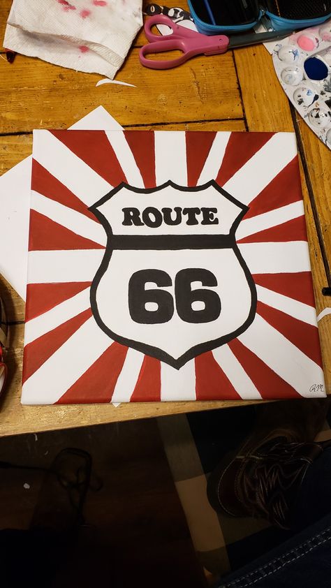 Road Sign Painting, Road Signs Paintings, Route 66 Decor, Route 66 Sign, Route 66 Road Trip, Diy Cans, Silent Auction, Rock Painting Patterns, Road Signs