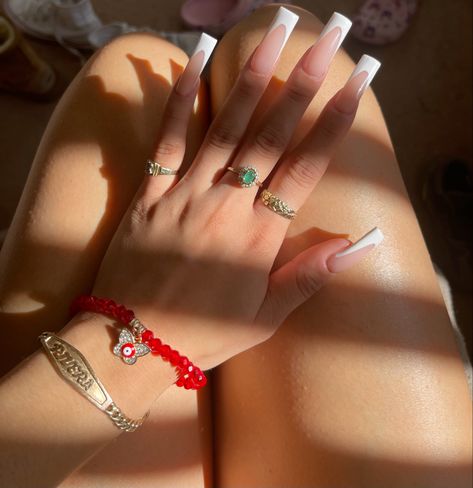 Long nails, white french tips Basic Frenchies Nails, Regular White French Tip Nails, Xl White French Tip Nails, White French Tip With Red Bottoms, Xl Long French Tip Nails, White French Tip Nails With Red Gems, Curve French Tip Nails, Long Square French Nails, White Crocodile French Tip Nails