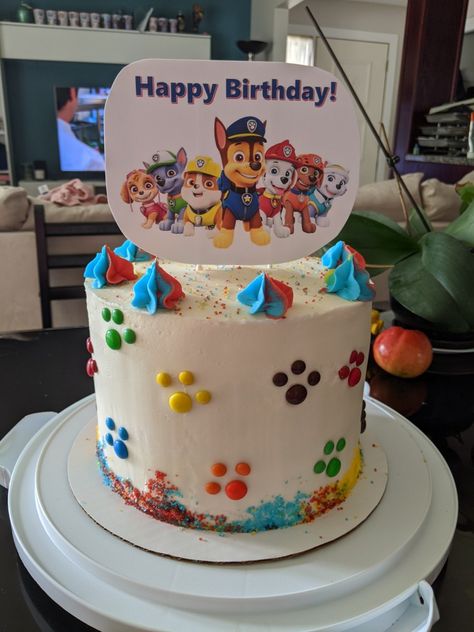 Buttercream icing with 6 layer rainbow cake Easy Diy Paw Patrol Cake, Rainbow Paw Patrol Cake, Paw Patrol Birthday Cake Buttercream, Homemade Paw Patrol Cake, Paw Patrol Cake Simple, Rocky Birthday Cake, Paw Patrol Buttercream Cake, Easy Paw Patrol Cake, Paw Patrol Birthday Cakes