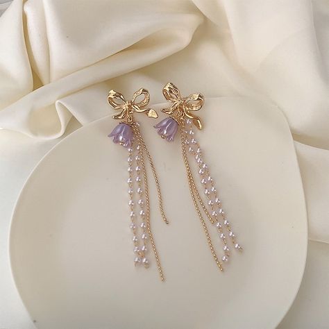 Purple flower earrings, Tulip pearl earrings, Multi layer dangle drop earrings, Bohemian floral earrings, Gold bow tassel earrings, Delicate by WithHerNYC on Etsy Lilac Earrings, Purple Lily, Feminine Earrings, Pearl Details, Magical Jewelry, Purple Earrings, Earrings Bohemian, Bohemian Floral, Fancy Jewelry