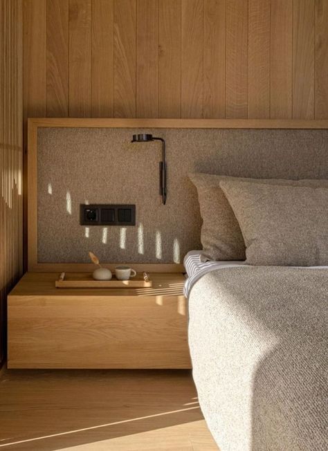 Norm Architects Bedroom, Japanese Nightstand, Wooden Cladding, Traditional Japanese Architecture, Built In Bed, Japandi Design, Resort Living, Headboard Design, Norm Architects