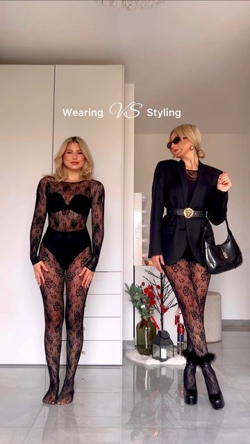 Sarah Zerafa on Instagram: "Wearing VS Styling 🤯✨ FULL LACE BODYSUIT 👀 (save this for inspo) 🖤 Which is your favourite look? 🤔 Option 1-2 or 3? 💭 I looove the last look 👏🏻👏🏻👏🏻 A full lace bodysuit can be a little tricky to style.. but when done right it can look INSANE 🤩 Tag a bestie who would love this video 👇🏻👭 #ootd #ootdfashion #ootdinspiration #ootdshare #ootdstyle #ootdfash #outfitoftheday #outfits #stylediary #reelsinstagram #ootdpost #outfitstyle #outfitideas #reels #styleinspiration #styleblogger #styleinspo #editorial #explorepage #explore #amazing #wow" Full Lace Bodysuit Outfit, Lace Body Suit With Blazer, Blazer And Lace Bodysuit Outfit, Fishnet Bodysuit Outfit, Lace Full Bodysuit, Styling Vs Wearing Clothes, Lace Body Suit Outfits Night Out, Wearing Vs Styling Videos, Leopard Bodysuit Outfit