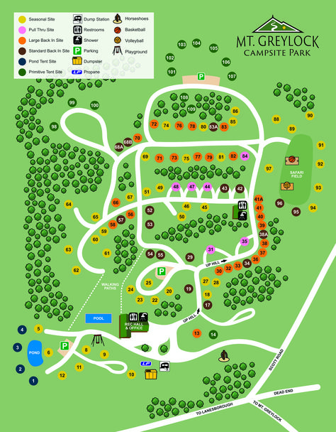 Mt. Greylock Campsite Park (formerly Hidden Valley Camground) in Mt Greylock (Lanesborough), MA - Campground Map Campground Layout Ideas, Campground Design, Site Layout Plan, Park Layout, Community Planning, Camping Ground, Rv Holiday, Rv Campsite, Ranch Ideas