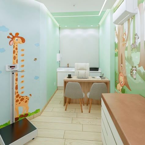 Clínica de Pediatria Leandro Peretti - Carol Cunha Design Pediatric Room Design, Pediatric Design Interiors, Pediatric Office Decor Waiting Rooms, Pedia Clinic Interior Design, Pediatric Hospital Design, Hospital Wall Design, Pediatric Clinic Design Interiors, Clinic Decoration Ideas, Clinic Consultation Room Design