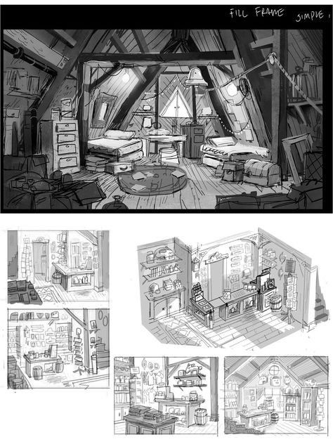 Attic Concept Art, Gravity Falls Interior, Run Down House Drawing, Gravity Falls Concept Art Backgrounds, Vis Dev Art, Log Cabin Concept Art, Walking House Concept Art, Concept Art Background Environment, Disney Environment Concept Art