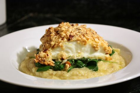 Hazelnut Crusted Halibut, Crusted Cod Recipes, Halibut Baked, Halibut Recipes Baked, Spinach Sweet Potato, Crusted Halibut, Crusted Cod, Sweet Potato Puree, Halibut Recipes