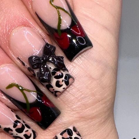 Alexa🖤 on Instagram: "Cherries and cheetah ✨🍒🖤  #cherrynails #cheetahnails #gelxnails #lisagelx" Black And Cheetah Print Nails, Cherry And Cheetah Nails, Sultry Nails, Cheetah Cherry Nails, Square Nails French, Red Cheetah Nails, Leopard Print Cherry Nails, Nail Inspo Square, Vamp Nails